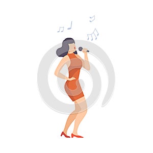 Young Woman Funny Singing Into Microphone Vector Illustration