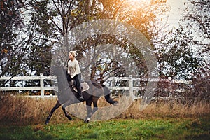 Young woman galloping her chestnut horse through a field