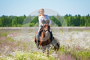 Young woman galloping horseback in flowery meadow