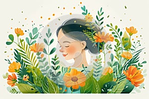 Young woman in a garden surrounded by flowers, eyes closed, peaceful expression, happy moment