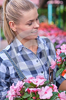 Young woman gardening in greenhouse.She selecting flowers