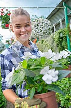 Young woman gardening in greenhouse.She selecting flowers