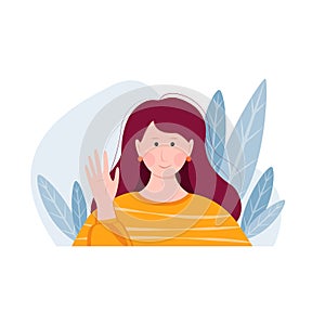 Young woman gesture Hello. Flat vector illustration