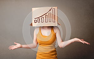 Young woman gesturing with a cardboard box on his head with diagram
