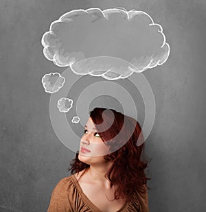 Young woman gesturing with cloud above her head