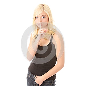 Young Woman Gesturing for Quiet or Shushing