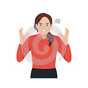 Young woman get angry and scream. Flat vector illustration
