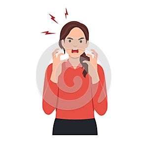 Young woman get angry and scream. Flat vector illustration