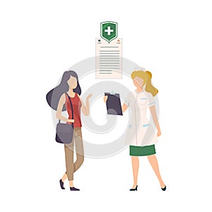 Young Woman Getting Consultation at the Hospital. Health Benefits Document Vector Illustration