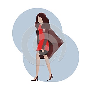 A young woman, a girl in a dress, a coat with a lady`s bag walking. Vector illustration, character in flat style. White
