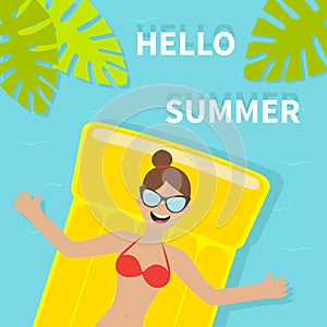 Young woman girl floating on yellow air pool water mattress. Red swimsuit, sunglasses Hello Summer. Palm tree leaf. Cute cartoon r