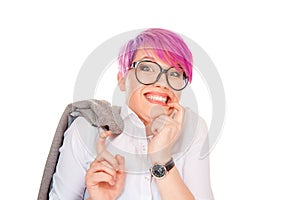 Young woman girl in glasses student biting fingernails looking anxiously