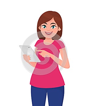 Young woman/girl holding tablet computer. Cute woman using tablet PC. Human emotion and body language concept illustration.