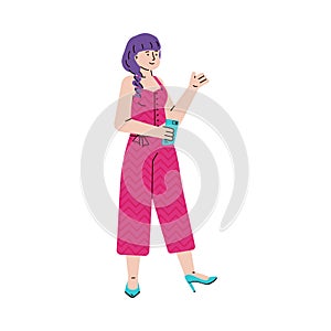 Young woman or girl with mobile phone in hands vector illustration isolated.