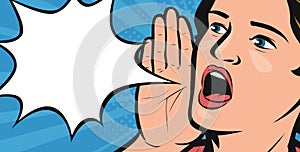 Young woman or girl screaming out loud. Vector illustration in style comic pop art