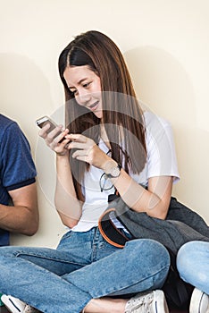 Young woman girls sitting useing with technology