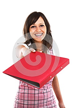 Young woman giving a folder