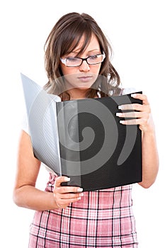 Young woman giving a folder