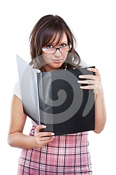 Young woman giving a folder