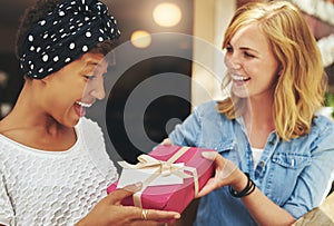 Young woman giving a friend a surprise gift