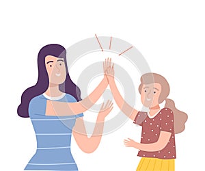 Young Woman Giving High Five to Girl Vector Illustration