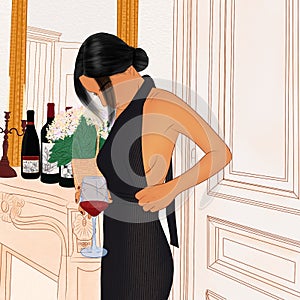 Red wine lady in the black dress photo