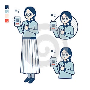 A young woman with glasses with cashless payment on smartphone images