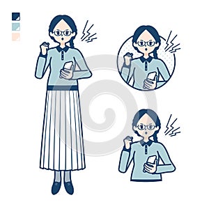 A young woman with glasses with Holding a smartphone and anger images