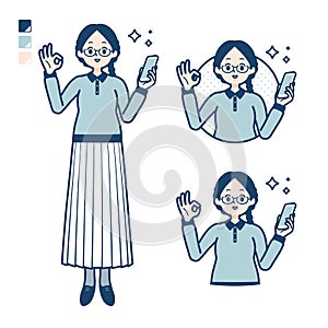 A young woman with glasses with Holding a smartphone and doing an OK sign images