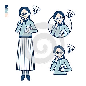 A young woman with glasses with Holding a smartphone and troubled images