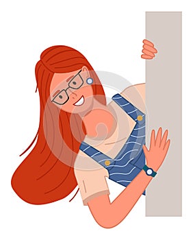 Young woman in glasses peeping from behind the wall vector Illustration on a white background