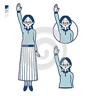 A young woman with glasses with raise hand images
