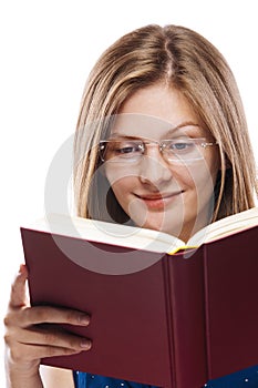 Young woman glasses read book