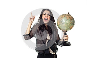 Young woman with globe on isolated background