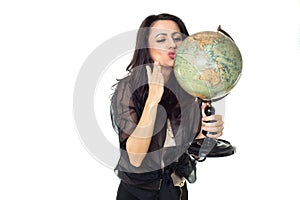 Young woman with globe on isolated background