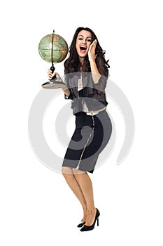 Young woman with globe on isolated background