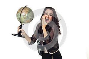 Young woman with globe on isolated background