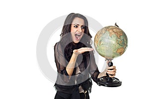 Young woman with globe on isolated background