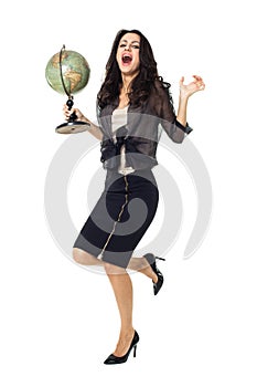 Young woman with globe on isolated background