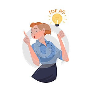 Young Woman with Glowing Light Bulb Having Idea Vector Illustration