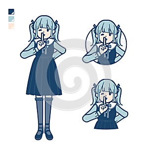 A young woman in gothic lolita costume with be quiet hand sign images