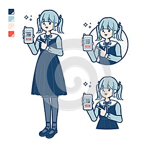 A young woman in gothic lolita costume with cashless payment on smartphone images