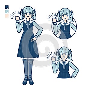A young woman in gothic lolita costume with fist pump images
