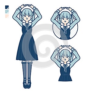 A young woman in gothic lolita costume with Making a circle with arms images