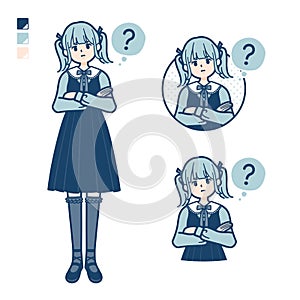 A young woman in gothic lolita costume with Question images