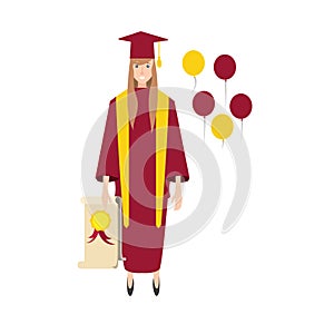 young woman graduated with diploma and balloons air