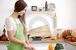 Young woman in the green apron cooking in the kitchen. Housewife slicing fresh salad.