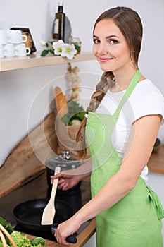 Young woman in the green apron is going to cook in the kitchen. Housewife cooks the meat in a frying pan.