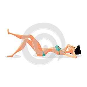 Young woman in green bikini sunbathing lying on the beach. Vector flat cartoon illustration isolated on a white background