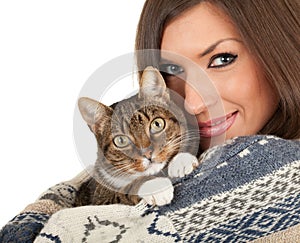 Young woman with grey cat